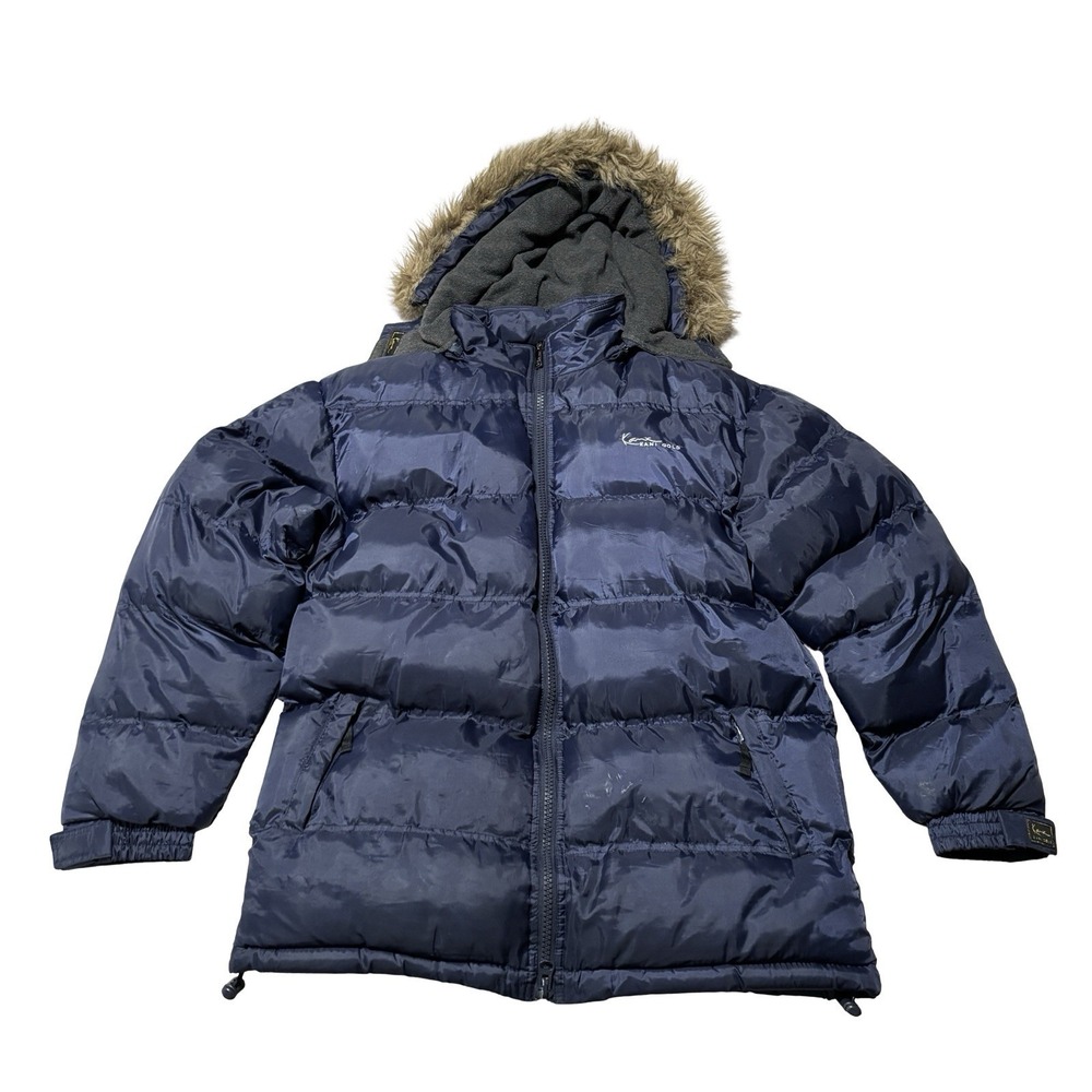 Vintage Karl Kani Gold Women's Full Zip Puffer Jacket Hooded Navy Size XL 24x32
